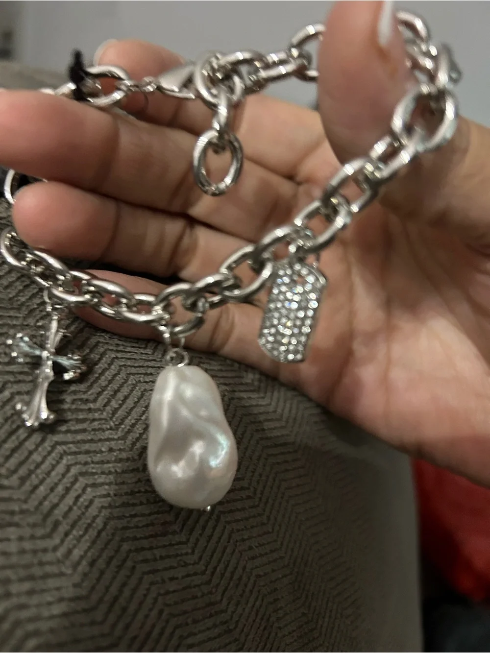 Akira Charm Bracelet with White Baroque Pearl and Crystal Tag